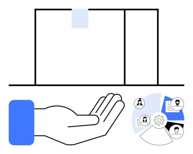 Bir kutunun yanında açık avuç, teslimatı ya da sunumu simgeler. Proje yönetimi simgeleri iş akışını ve takım işbirliğini gösteriyor. Lojistik, takım çalışması, süreçler, hizmet, teknoloji, analiz için ideal