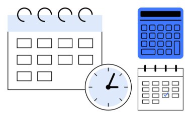 Takvim sayfaları, bir analog saat ve bir dijital hesap makinesi planlama, teslim tarihleri ve bütçe konularını vurguluyor. Üretkenlik, zaman izleme, atamalar, bütçe proje yönetimi için ideal