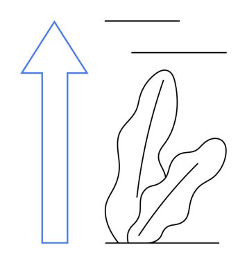 Soyut yaprak ve çizgilerin yanındaki yukarı doğru mavi ok büyümeyi, sürdürülebilirliği ve hareketi temsil ediyor. Başarı, ilerleme, eko-verimlilik, yenilik, iş, çevre hedefleri için ideal