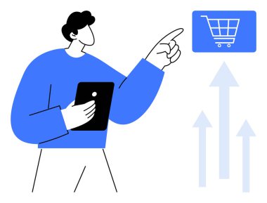 Adam elinde tablet tutarken yüzen alışveriş arabası ikonu ile etkileşime giriyor. Oklar büyümeyi ve başarıyı simgeler. E-ticaret, çevrimiçi satış, dijital pazarlama, perakende, iş stratejisi için ideal