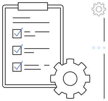 İşaretlenmiş listeli pano, otomasyon ve verimliliği sembolize eden vites, ilerleme için üç nokta. İş akışı, verimlilik, planlama, organizasyon, takım çalışması, optimizasyon için ideal