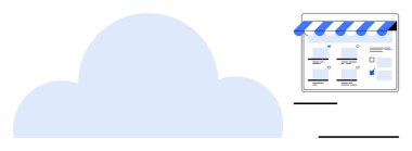 Çizgili mavi tenteli bir online mağaza penceresinin yanında bulut grafiği. Bulut hesaplama, e-ticaret, çevrimiçi iş, dijital servis, İnternet teknolojisi, veri yönetimi, modern perakende satış için ideal