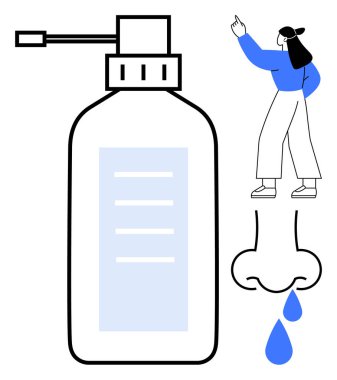 Geniş burun spreyi şişesi, damlayan burun ve talimat veren genç biri. Sağlık, alerji, soğuk algınlığı ilaçları, solunum bakımı, sağlık tavsiyeleri, eğitici grafikler için ideal