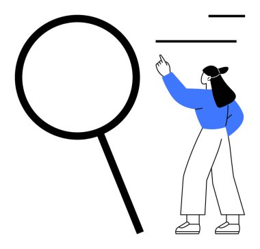 Büyük bir büyüteç yakınındaki çizgilere bakan kadın araştırmayı, keşfi ve merakı temsil ediyor. Analiz, odaklanma, keşif, soruşturma ve problem çözme için ideal. Düz basit