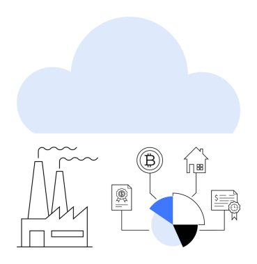 Fabrikanın üstündeki bulut, kripto para, mülk ve sertifikalara bağlanan pasta grafiği. Teknoloji, endüstri, finans, veri engelleme otomasyonu dijital dönüşüm için idealdir. Minimalist