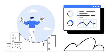 Şehir manzarasının üzerinde ampulü ve yapbozu dengeleyen kişi, veri torpidosuyla eşleştirilmiş. Yenilik, karar verme, analitik, takım çalışması, strateji, başarı problem çözme için idealdir. Düz basit