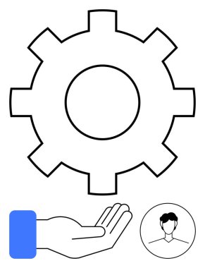 Vites taşıma süreci veya ayarları, yardımı sembolize eden açık el, kişiselleştirmeyi simgeleyen kullanıcı simgesi. İşbirliği, hizmet, destek, yönetim, kişiselleştirme ve teknoloji için ideal