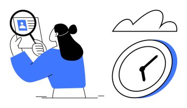 Kadın, büyüteçle kimlik kartını analiz ediyor, saati gösteren büyük bir saat ve veriyi sembolize eden bir bulut. Kimlik doğrulama, zaman yönetimi, analiz, veri depolama, güvenlik dijital