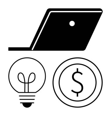 Dizüstü bilgisayar ikonu ampul ve sikke ile eşleştirildiğinde teknoloji, yaratıcılık, finans stratejisi ve yatırım fikirlerini sembolize eder. İş, girişim, finans, teknoloji ve yenilik için ideal