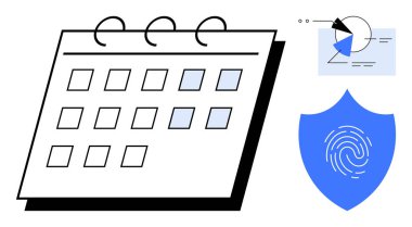 Vurgulanmış günleri, analitik pasta grafiğini ve planlama, veri güvenliğini ve analizi temsil eden parmak izi kalkanını içeren bir takvim. Zamanlama, siber güvenlik, analitik, gizlilik örgütü için ideal