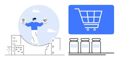 Ampul ve tokalaşmayı dengeleyen adam şehrin silueti üzerinde yenilik ve takım çalışmasını temsil ediyor. Yakınlarda, alışveriş arabası ikonu ve ürün kavanozları e-ticaret ve tedarik zincirini vurguluyor. İş için ideal