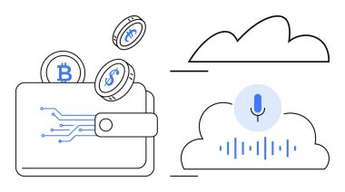 Cüzdan, içinde mikrofon ve ses dalgaları olan bir bulutun yanında şifreli paralar yayıyordu. Fintech, engelleme zinciri, şifreli takas, bulut hesaplama, sanal ödemeler, cüzdanlar, dijital