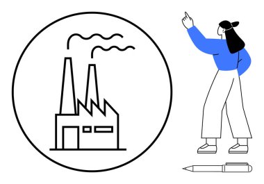 Dairesel çerçevede duman yayan fabrika binası, yukarı bakan bir kadın, endüstri, çevre, planlama, geliştirme, imalat, strateji sürdürülebilirliği için idealin altında bir kalem. Basit düz