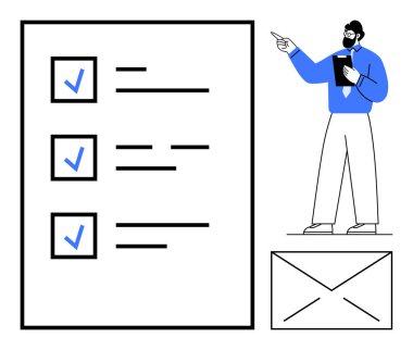 Elinde pano olan kişi kontrol işaretli listeyi işaret ediyor, büyük zarf simgesi. Planlama, takım çalışması, organizasyon, görev yönetimi, verimlilik, değerlendirme hatırlatmaları için idealdir. Düz basit