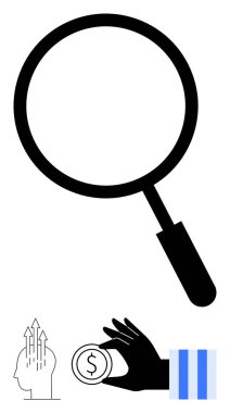 Elinde bozuk para ve dikey parmaklıkların yanında yükselen oklar tutan büyük bir büyüteç. Ticari büyüme, finans, yatırım, başarı, araştırma, geliştirme, keşif, sade