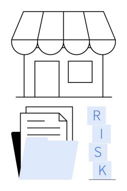 Depo önü simgesi, dizili RISK blokları ve belge klasörü. Girişimcilik, iş planlaması, risk analizi, küçük işletme stratejisi, uyum, soyut belge çizgisi