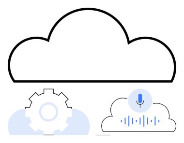 Teçhizat ve ses mikrofonunun üzerinde ses dalgası elementleri olan bir bulut çizgisi. Teknoloji, bulut hesaplama, otomasyon, yapay zeka, veri depolama, yazılım geliştirme, basit bir dairede yenilik için ideal