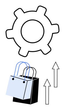 Alışveriş torbalarının tepesindeki yukarı doğru ok, perakende büyümesini, verimliliğini ve yeniliğini temsil ediyor. İş için ideal, e-ticaret, perakende stratejisi, geliştirme, pazarlama, teknoloji dairesi