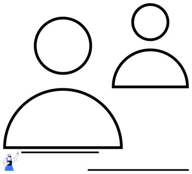 Cesur minimalist tasarıma yakınlıkla bağlı iki soyut kullanıcı figürü. Takım çalışması, iletişim, bağlantı, ilişkiler, ağ oluşturma, işbirliği, kullanıcı arayüzü için ideal