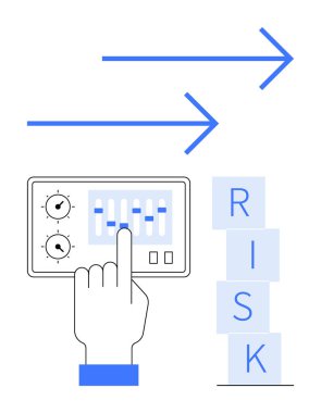 El kontrol paneli kaydırıcılarını hassasiyetle ayarlıyor. Mavi oklar ilerlemeyi gösteriyor. Yığınlanmış bloklar RISK 'i oluşturuyor. Strateji, risk, yönetim, kontrol, karar verme, soyut finansman için ideal