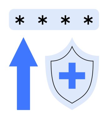 Yıldız işaretli parola alanı, yukarı doğru ok ve kalkan korumayı, büyümeyi ve mahremiyeti simgeliyor. Güvenlik, teknoloji, mahremiyet, şifreleme veri koruması İnternet büyümesi güvenliği için ideal