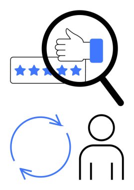 Baş parmaklar ve yıldızlar üzerindeki büyüteç, dairesel oklar ve kullanıcı simgesi geri bildirim, değerlendirme, değerlendirme, bağlılık, memnuniyet, optimizasyon ve müşteri etkileşimini temsil ediyor. İş için ideal