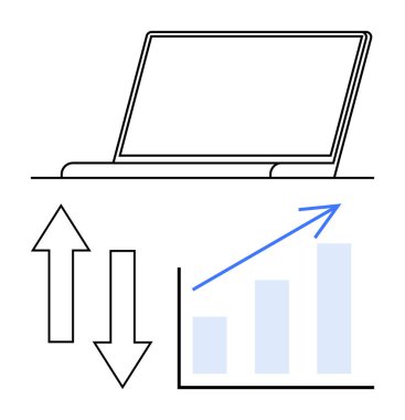 Dizüstü bilgisayar yukarı ve aşağı doğru oklar, yükselen eğilimli büyüme tablosu. İş analizleri, performans değerlendirmesi, üretkenlik, pazarlama stratejisi, finansal planlama, veri içgörüleri için ideal