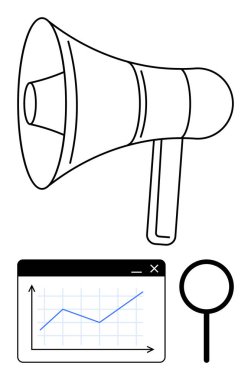Bir web penceresinde megafon, yukarı doğru grafik ve pazarlamayı, veri analizini, iletişimi, eğilimleri, iş büyümesini, müşteri ilişkileri stratejisini sembolize eden büyüteç. Sosyal yardım dairesi için ideal.