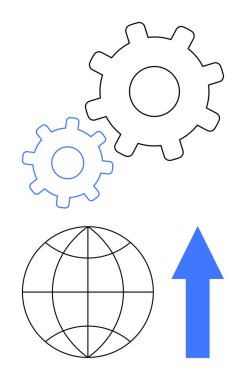İki vites, bir küre ve yukarı doğru ok yenilik, ilerleme, küresel bağlantı, takım çalışması, strateji, iş büyümesi ve modernizasyonu sembolize eder. Teknoloji için ideal başarı ve sade