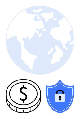 Dünya para ve kalkanın üzerinde kilit altında, küresel ekonomiyi, finansal güvenliği ve veri güvenliğini sembolize ediyor. Küresel finans, siber güvenlik, ekonomi, teknoloji ve güvenli işlemler için ideal