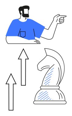 Satranç şövalyesi ve oklarla ileri bakan adam stratejiyi, büyümeyi, kararları, liderliği, planlamayı, başarıyı ve beceriyi sembolize ediyor. Strateji liderliği büyüme planı için ideal. Düz basit metafor