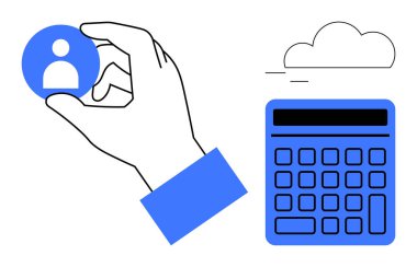 Hesap makinesi ve bulutun yanında el ele tutuşan kullanıcı simgesi. Kullanıcı yönetimi, analitik, bulut teknolojisi, takım organizasyonu, iş stratejisi, veri işleme dijital araçları için ideal. Düz basit