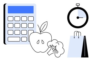 Elma, brokoli, kronometre ve alışveriş çantasının yanında hesap makinesi bütçe belirleme, yemek hazırlama ve zaman yönetimini de kapsıyor. Finans, organizasyon, market planlaması için ideal beslenme minimalizmi