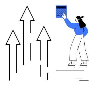Yukarıya doğru giden oklar büyümeyi, başarıyı ve ilerlemeyi sembolize ederken kadının hesap makinesiyle etkileşimi. İş, finans, yatırım, girişimcilik, analitik, liderlik ve hedef belirleme için ideal