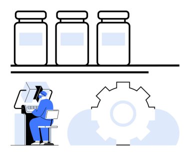 Bir bilgisayar istasyonunda çalışan laboratuvar önlüklü bilim adamı otomasyon ve teknolojiyi sembolize eden büyük teçhizat ve üç tıbbi şişe. Bilim, yenilik, araştırma, sağlık ve teknoloji için ideal