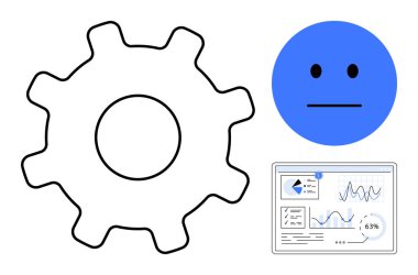 Veri içgörüleri, analizler ve verimliliği gösteren gösterge paneli ile vites ve yüz. Üretkenlik, kullanıcı deneyimi, iş akışı, performans, veri analizi, sistem yönetimi için ideal