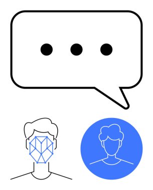 Üç noktalı soyut konuşma balonu, yüz tanıma sistemi ve kullanıcı profili silueti olan insan yüzü. Teknoloji, yapay zeka, dijital kimlik, mahremiyet, çevrimiçi güvenlik için ideal