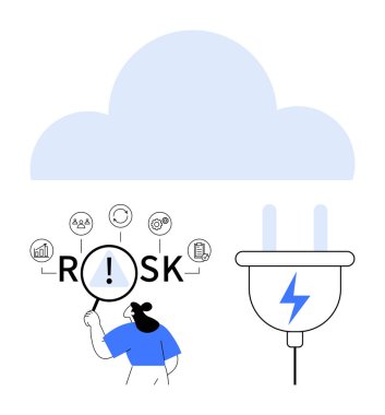 Kadın analiz, teknoloji, veri ve bağlantı için ikonlar arasında Risk 'i büyüteçle inceliyor. Bulut ve elektrik prizi dijital güç olduğunu gösteriyor. IT stratejileri, veri güvenliği ve bağlantı riskleri için ideal