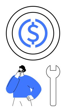 Dolar para sembolü, düşünceli insan ve anahtar finans, strateji ve onarım öneriyor. Bütçe, sorun çözme, para yönetimi, yatırım finansal araçları ekonomik planlama dairesi için ideal