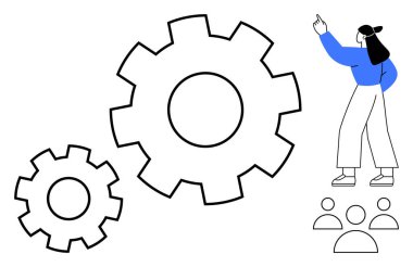 Altında takım sembolleri olan büyük ve küçük dişlileri gösteren bir kadın. Takım çalışması, işbirliği, yenilik, problem çözme, liderlik, süreç gelişimi, verimlilik için ideal. Düz basit metafor