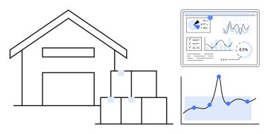 Analitik gösterge panelinin yanında istiflenmiş kutularla dolu depo grafikler, çizelgeler ve performans ölçümleri gösteriyor. Lojistik, tedarik zinciri, veri görselleştirme, depolama, envanter denetimi için ideal