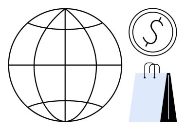 Küresel özet, para birimi, alışveriş çantası küresel ticareti, ekomünansı, perakende satış, çevrimiçi alışveriş, ekonomik değişim, mali işlemleri temsil ediyor. Ticari ticaret ekonomisi için ideal online ticaret