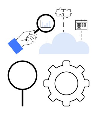 Çubuk grafiği üzerinde el ele tutuşan büyüteç, bulmaca parçaları ve takvimi olan bir buluta bağlı. Vites ve büyüteç ana hatları aşağıda. Analiz, planlama, iş akışı, takım çalışması için ideal