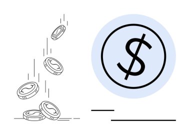 Bozuk paralar dairesel bir zemin içinde belirgin bir dolar işaretine doğru dökülüyor. Ekonomik büyüme, finansal planlama, tasarruf, yatırım, iş stratejileri, gelir ve zenginlik kavramları için idealdir. Düz