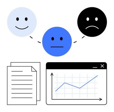 Mutlu yüz üçlüsü, dokümanlar ve ilerleme grafik penceresinin yanında çizgilerle birbirine bağlanmış pozitif, nötr ve negatif geri bildirimleri temsil ediyor. Veri analizi, müşteri geribildirimi, istatistik, büyüme için ideal
