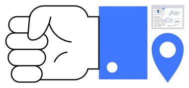Yumruk oluşturan ve işaret eden el işaretleyicisi ve analitik çizelgesinin yanında. Navigasyon, kontrol, karar verme, liderlik, planlama, strateji ve analitik için ideal. Düz basit