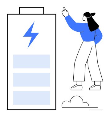 Kadın, yenilenebilir enerji, sürdürülebilirlik, eko-bilinç, yenilik, teknoloji, enerji depolama ve büyümeyi vurgulayarak enerji tasarruflu bir bataryaya el kol kanat geriyor. Düz basit metafor