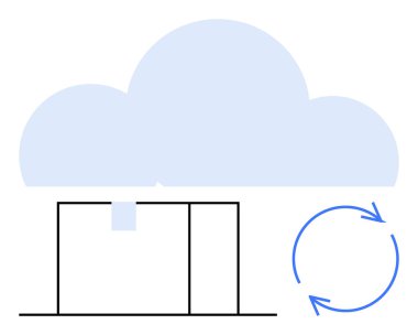 Mavi dairesel okların bulunduğu minimalist bir kutunun üzerindeki bulut veri depolama, senkronizasyon ve paylaşımı sembolize ediyor. Teknoloji, bulut hesaplama, dijitalleştirme, veri yönetimi, dosya transferi için ideal