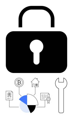 Büyük boy asma kilit, anahtar, dokümanlar, pasta grafiği, kripto para, ev ve sertifikalı bilgi. Güvenlik ve veri koruması için ideal kripto para birimi finans bilgileri