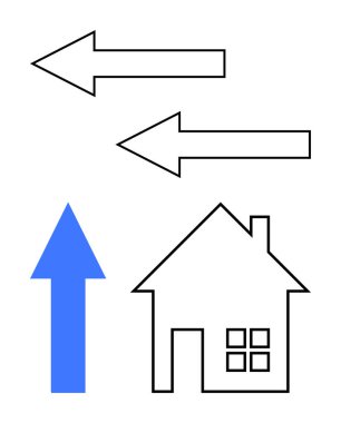 Mavi ok ev şeklini işaret ediyor, solu işaret eden iki siyah ok. Büyüme için ideal, ev trendleri, emlak, hareket, yön, ilerleme konsepti haritalama. Düz basit metafor